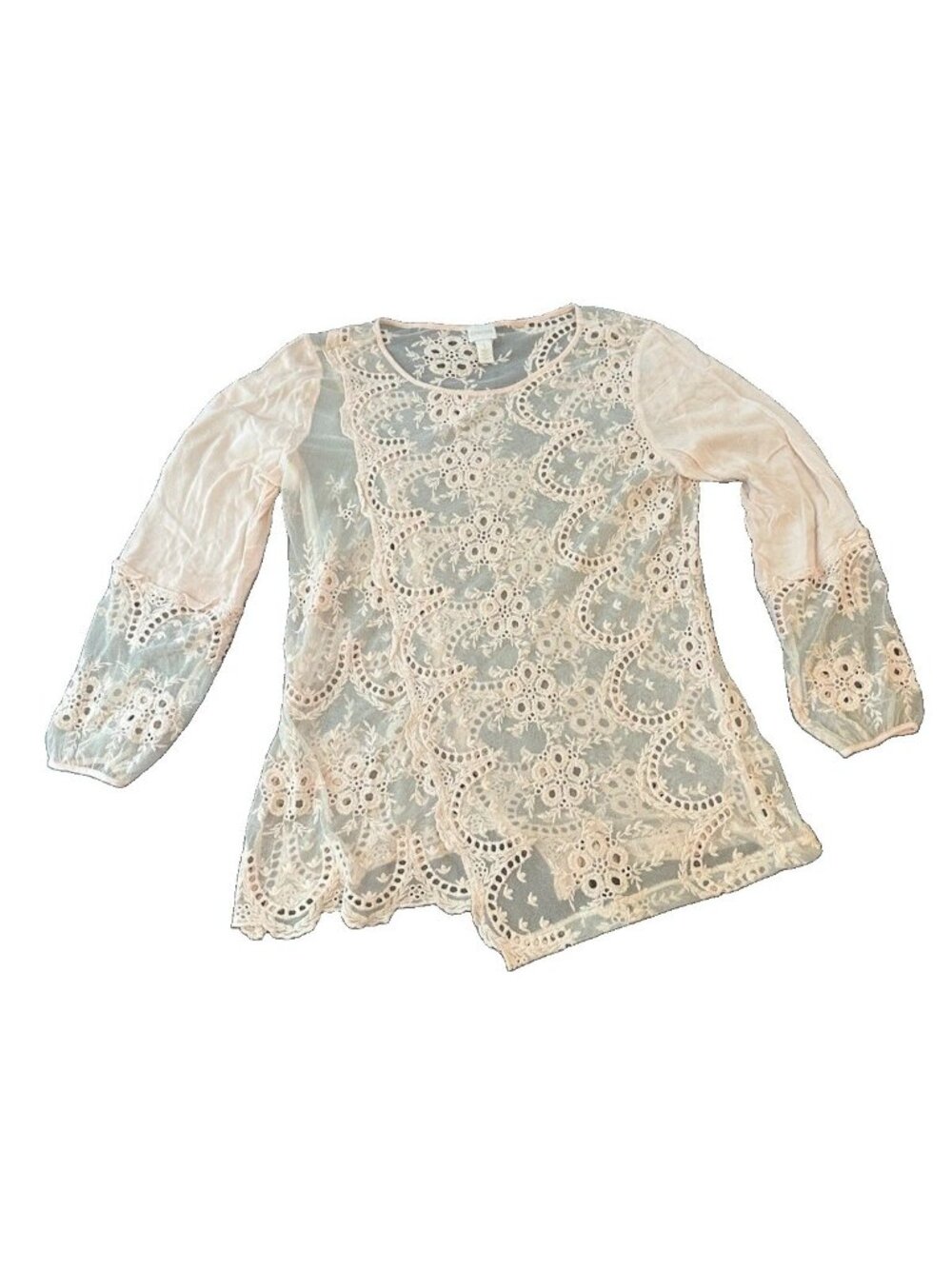 Chico’s Light Pink Lace‎ Overlay Womens Blouse Sz 1 M Asymetrical Hem Crochet